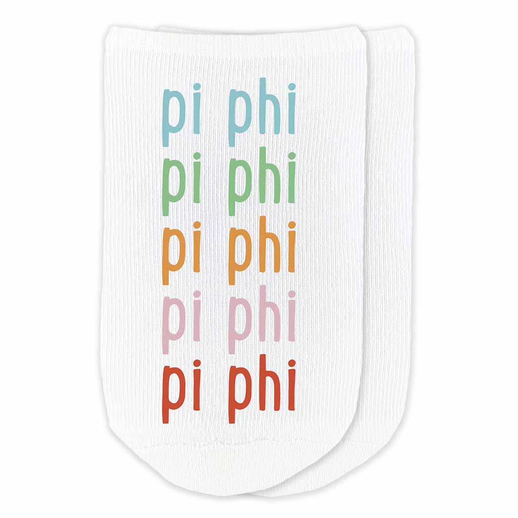 Pi Beta Phi sorority repeating rainbow letter design custom printed on cotton no show socks