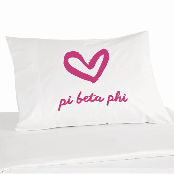 Pi Beta Phi sorority name and heart design custom printed on pillowcase