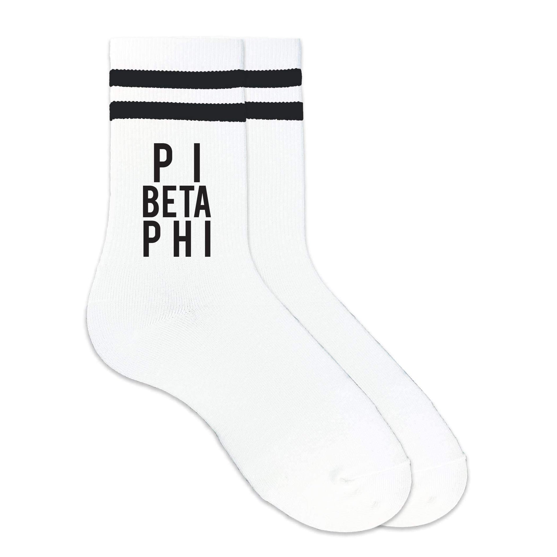 Pi Beta Phi sorority name custom printed on black striped crew socks