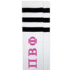 Pi Beta Phi sorority letters custom printed in pink on cotton black striped knee high socks