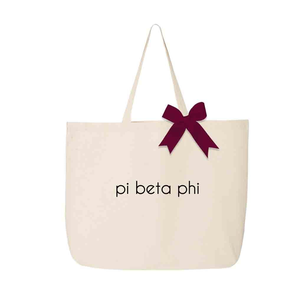 Pi Beta Phi sorority name custom printed on canvas tote bag with bow