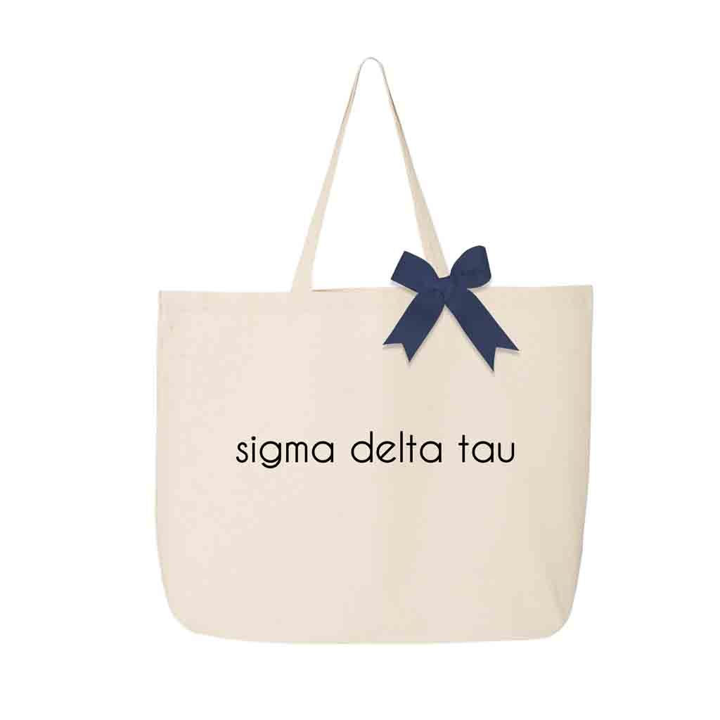 Sigma Delta Tau sorority name custom printed on canvas tote bag with bow in sorority color