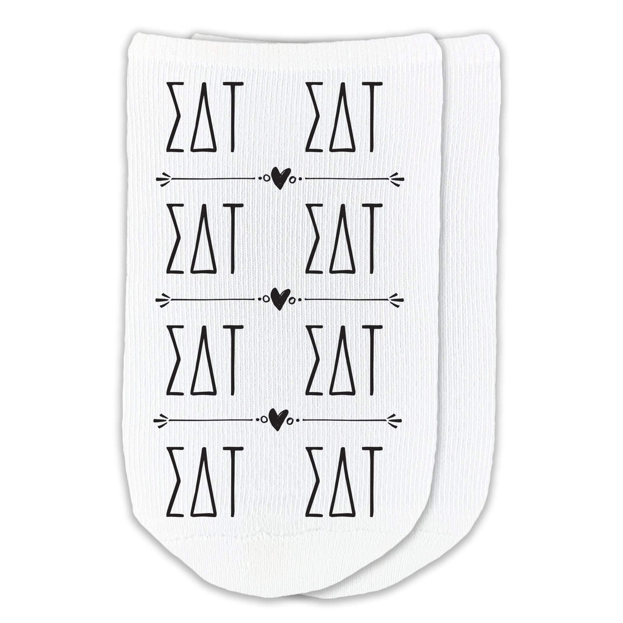 Sigma Delta Tau sorority letters in repeating boho design custom printed on cotton no show socks