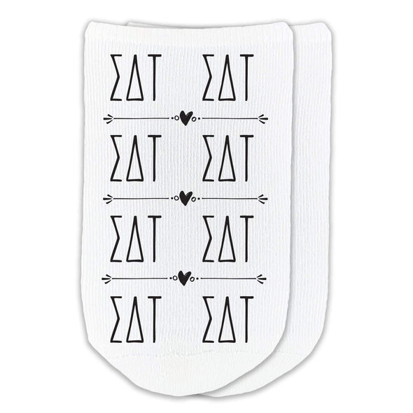 Sigma Delta Tau sorority letters in repeating boho design custom printed on cotton no show socks