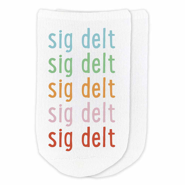 Sigma Delta Tau sorority repeating rainbow letter design custom printed on cotton no show socks