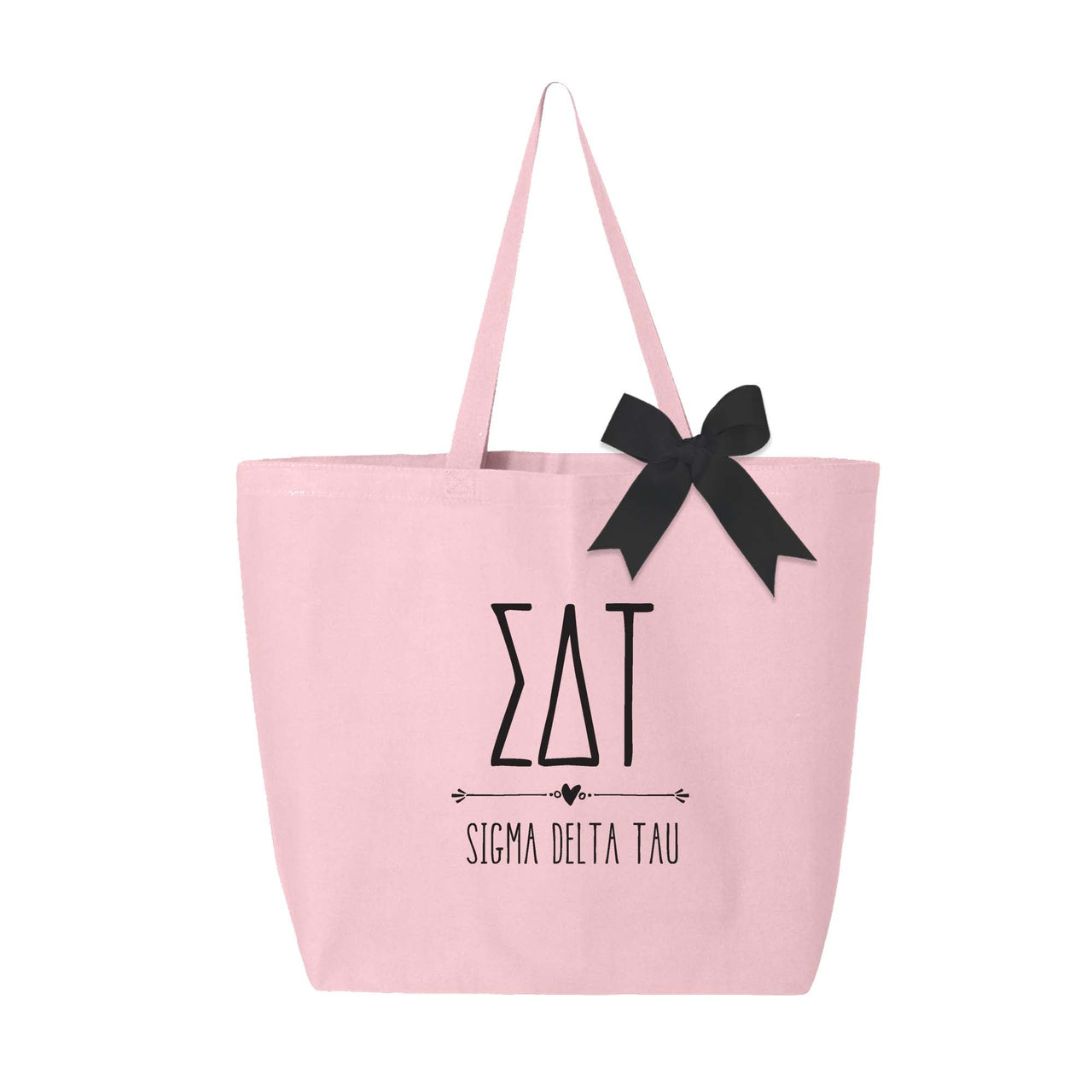 Sigma Delta Tau sorority name custom printed on pink canvas tote bag with black bow