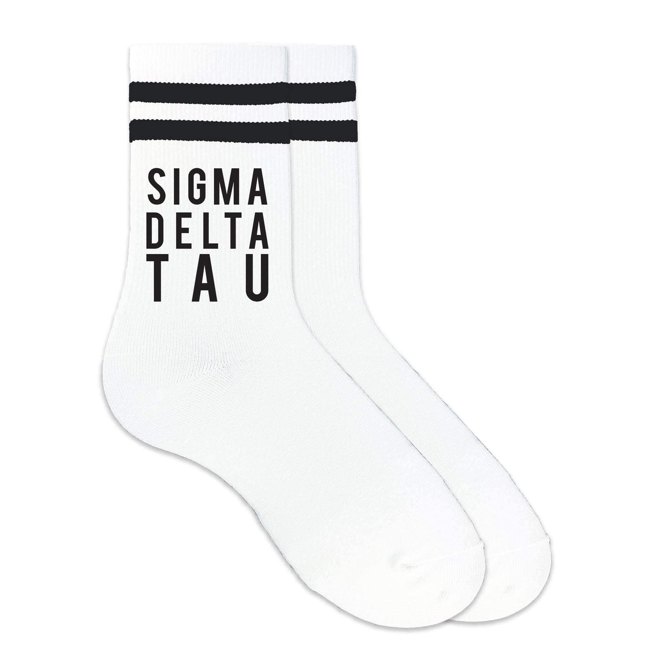 Sigma Delta Tau sorority custom printed on black striped crew socks