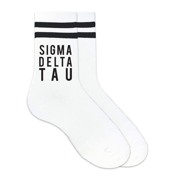 Sigma Delta Tau sorority custom printed on black striped crew socks
