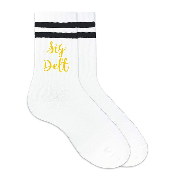 Sig Delt sorority nickname custom printed on black striped crew socks