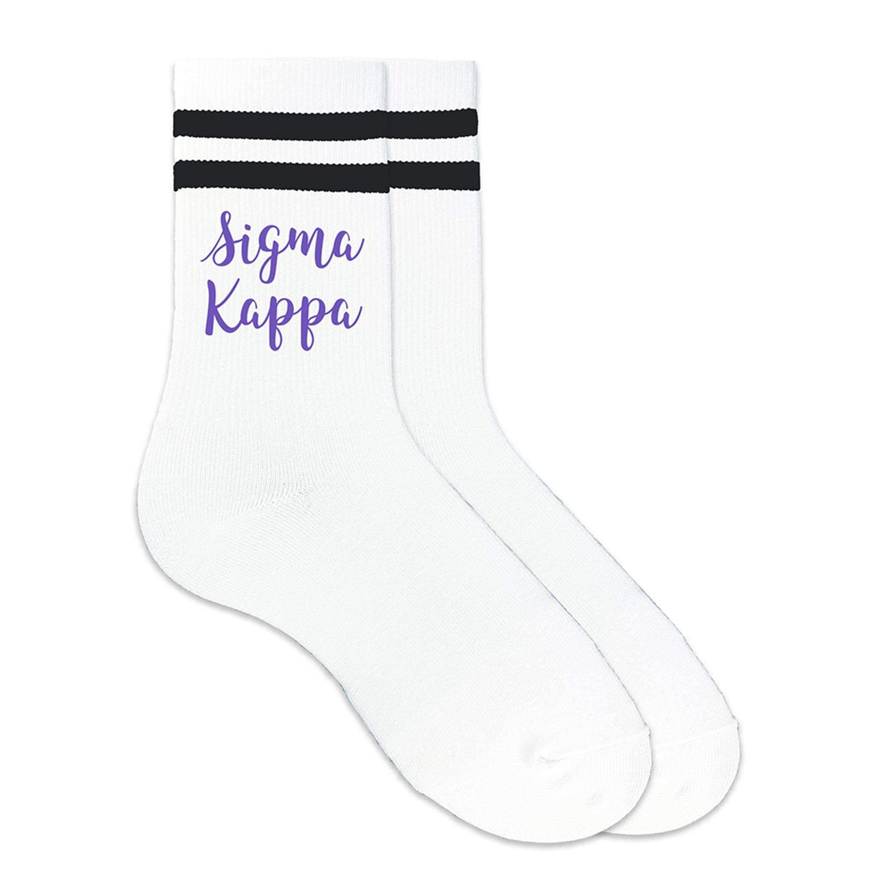 Sigma Kappa sorority name custom printed on black striped crew socks