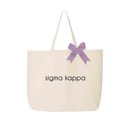 Sigma Kappa sorority name custom printed on canvas tote bag with bow in sorority color