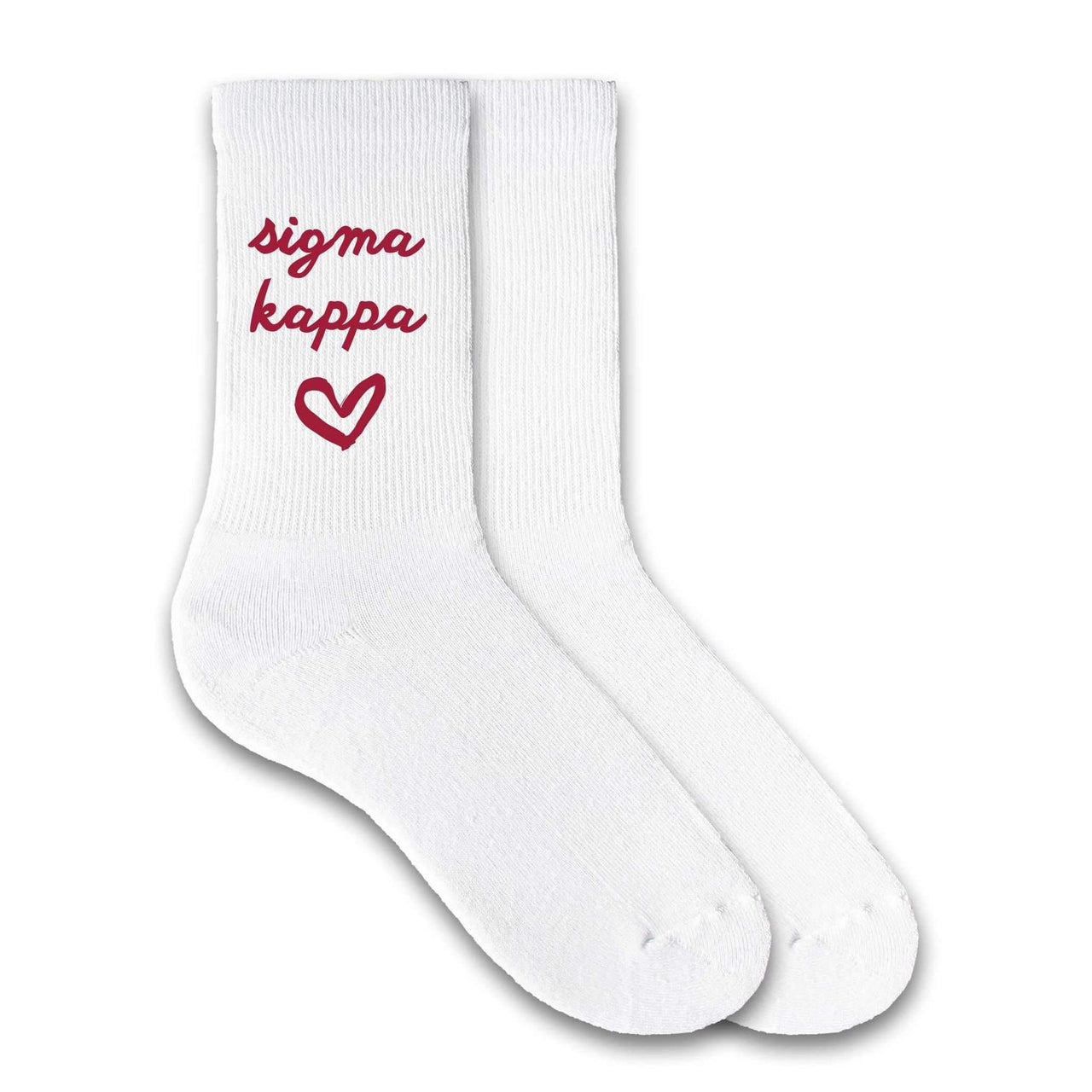 Sigma Kappa sorority name custom printed on white cotton crew socks