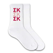 Sigma Kappa sorority letters repeating pattern custom printed on white cotton crew socks