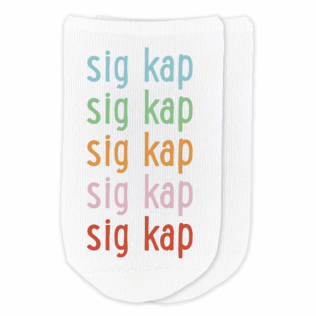 Sigma Kappa sorority repeating rainbow letter design custom printed on cotton no show socks