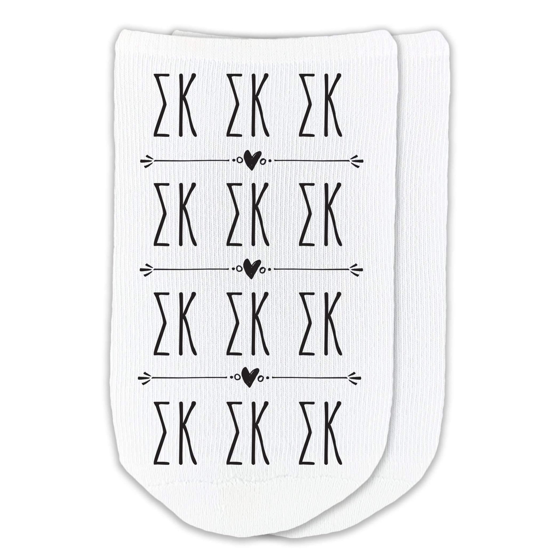 Sigma Kappa sorority letters custom printed on white cotton no show socks