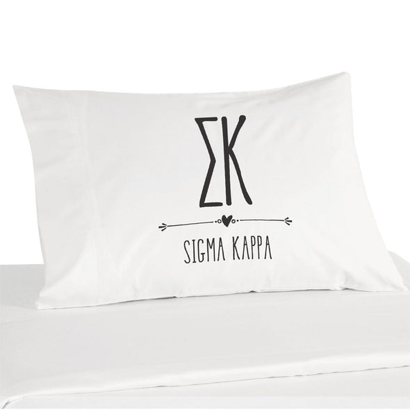 Sigma Kappa sorority name and letters custom printed on white cotton pillowcase