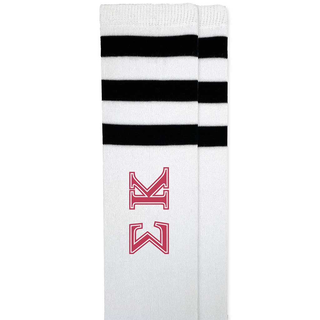 Sigma Kappa sorority letters custom printed in pink on cotton black striped knee high socks