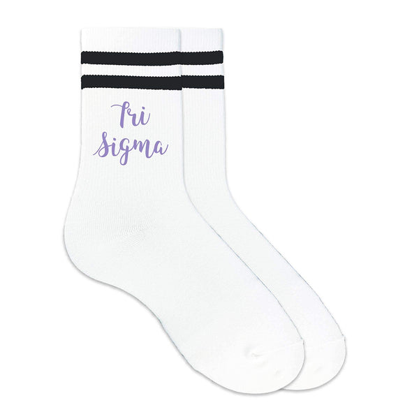 Tri Sigma sorority nickname custom printed on black striped crew socks