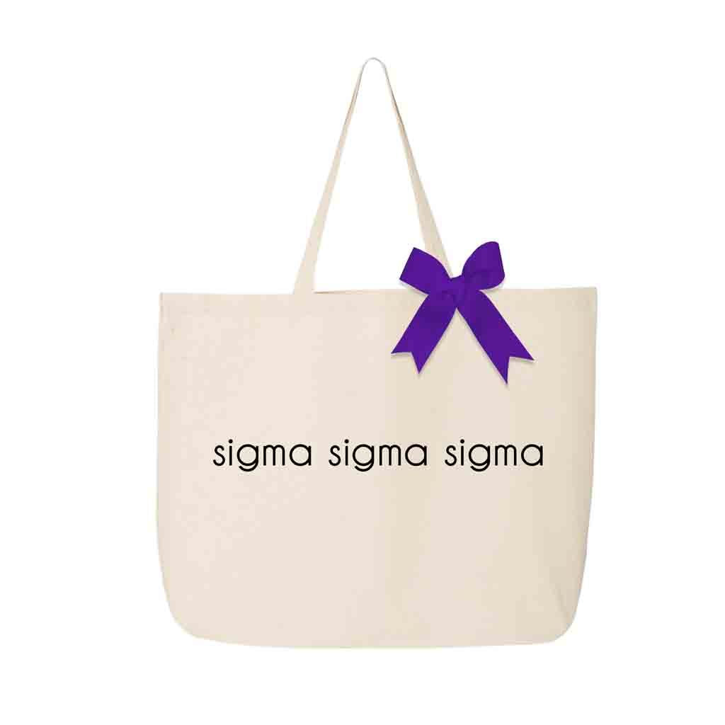 Sigma Sigma Sigma sorority name custom printed on canvas tote bag with bow in sorority color