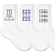Sigma Sigma Sigma sorority crew socks with sorority name and Greek letters sold as a 3 pair gift set