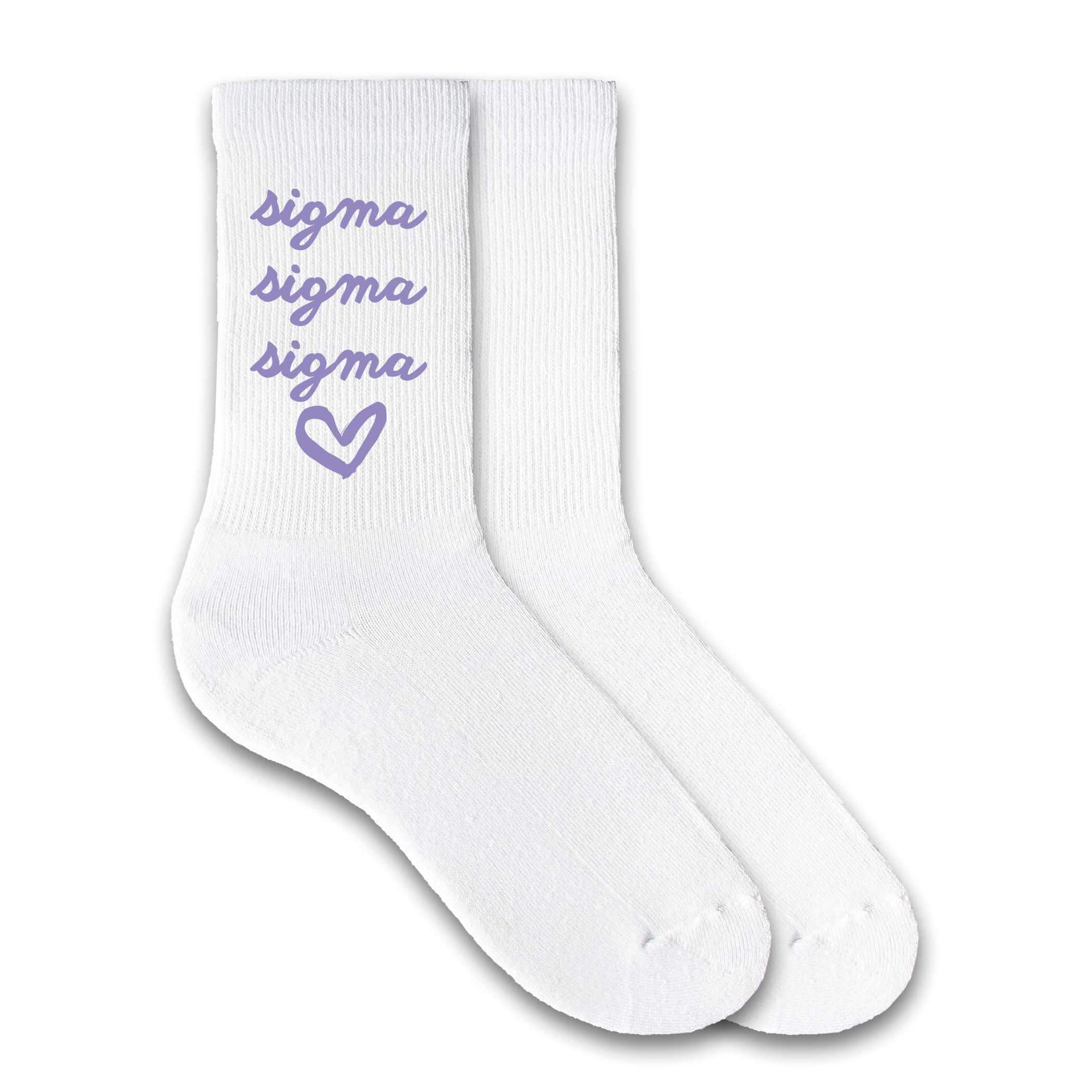 Sigma Sigma Sigma sorority name heart design custom printed on white cotton crew socks