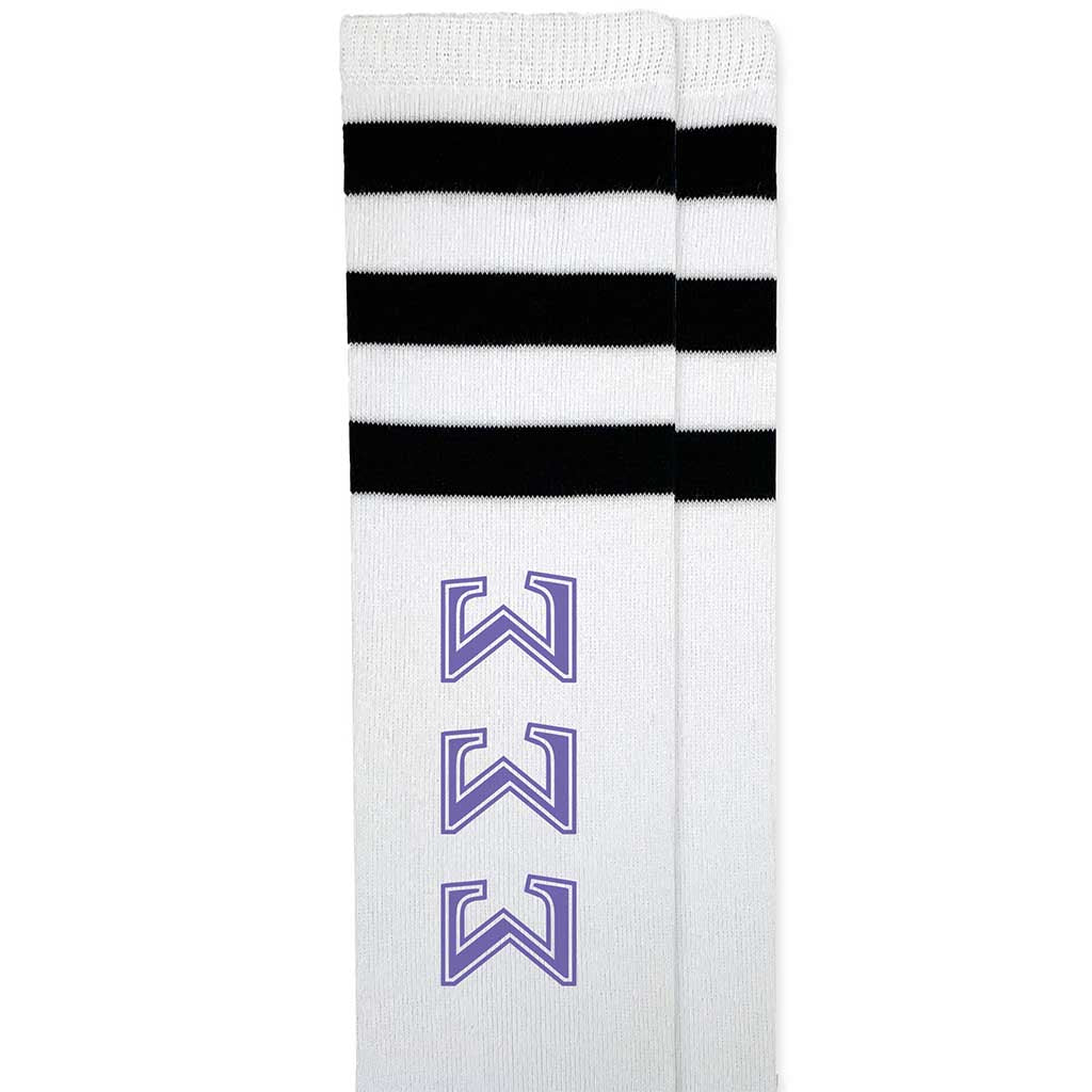 Sigma Sigma Sigma sorority letters custom printed on cotton black striped knee high socks