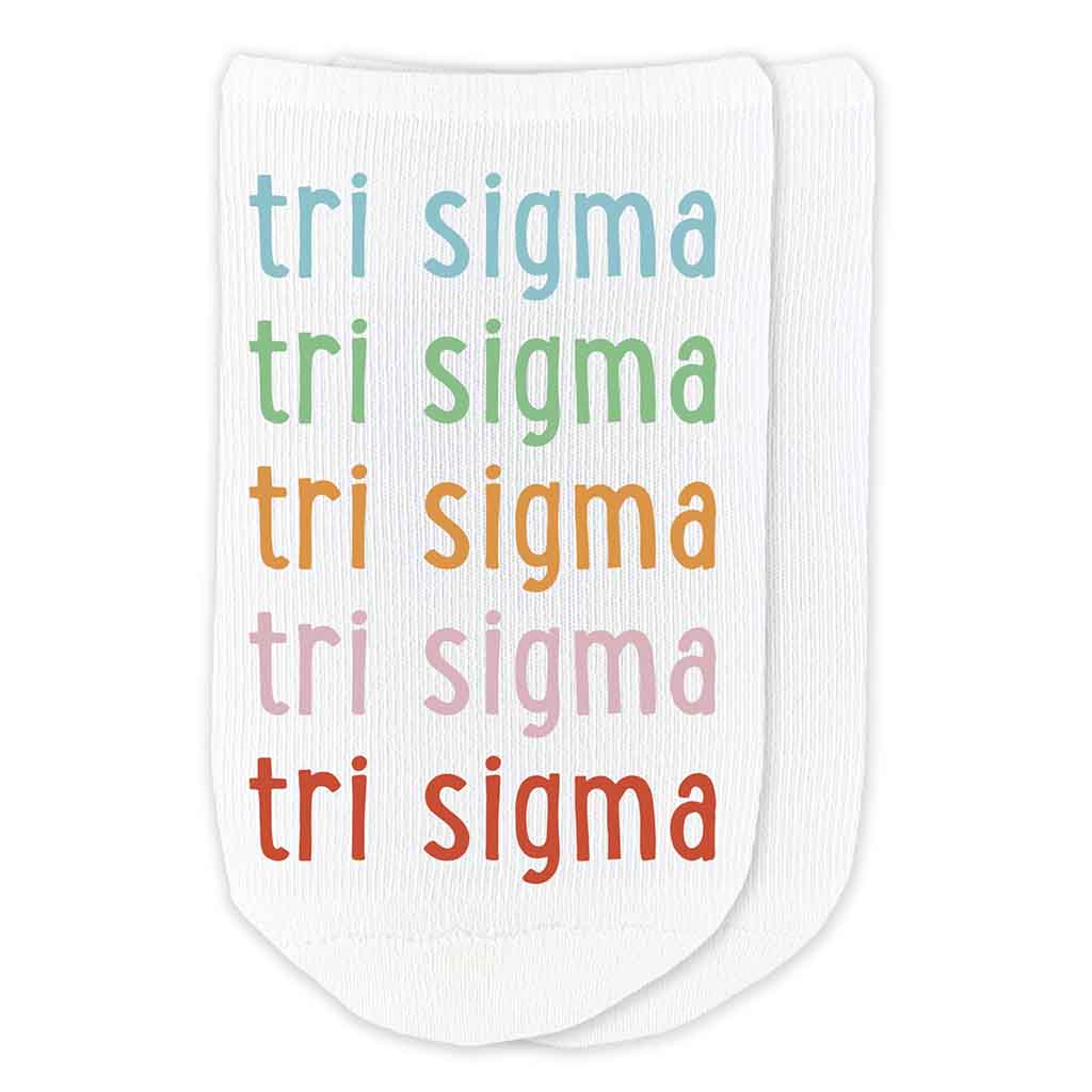Sigma Sigma Sigma sorority repeating rainbow letter design custom printed on cotton no show socks