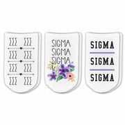 Tri Sigma no show socks with sorority name, Greek letters and sorority floral design sold as a 3 pair gift set