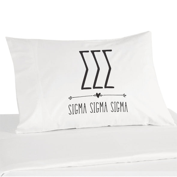Sigma Sigma Sigma sorority name and letters custom printed on white cotton pillowcase