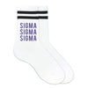 Sigma Sigma Sigma sorority name in sorority colors custom printed on striped crew socks