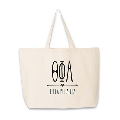 Theta Phi Alpha sorority name and letters digitally printed on canvas tote for bid day bags and chapter orders