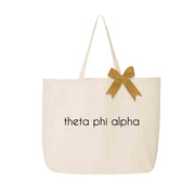 Theta Phi Alpha sorority name custom printed on canvas tote bag with bow in sorority color