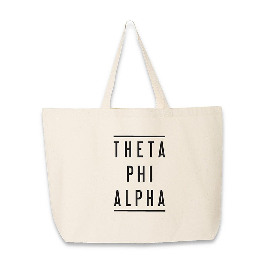 Theta Phi Alpha sorority name classic design digitally printed on a natural canvas tote bag.