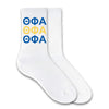 Theta Phi Alpha sorority letters custom printed on white cotton crew socks