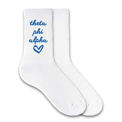 Theta Phi Alpha sorority name and heart design custom printed on white cotton no show socks