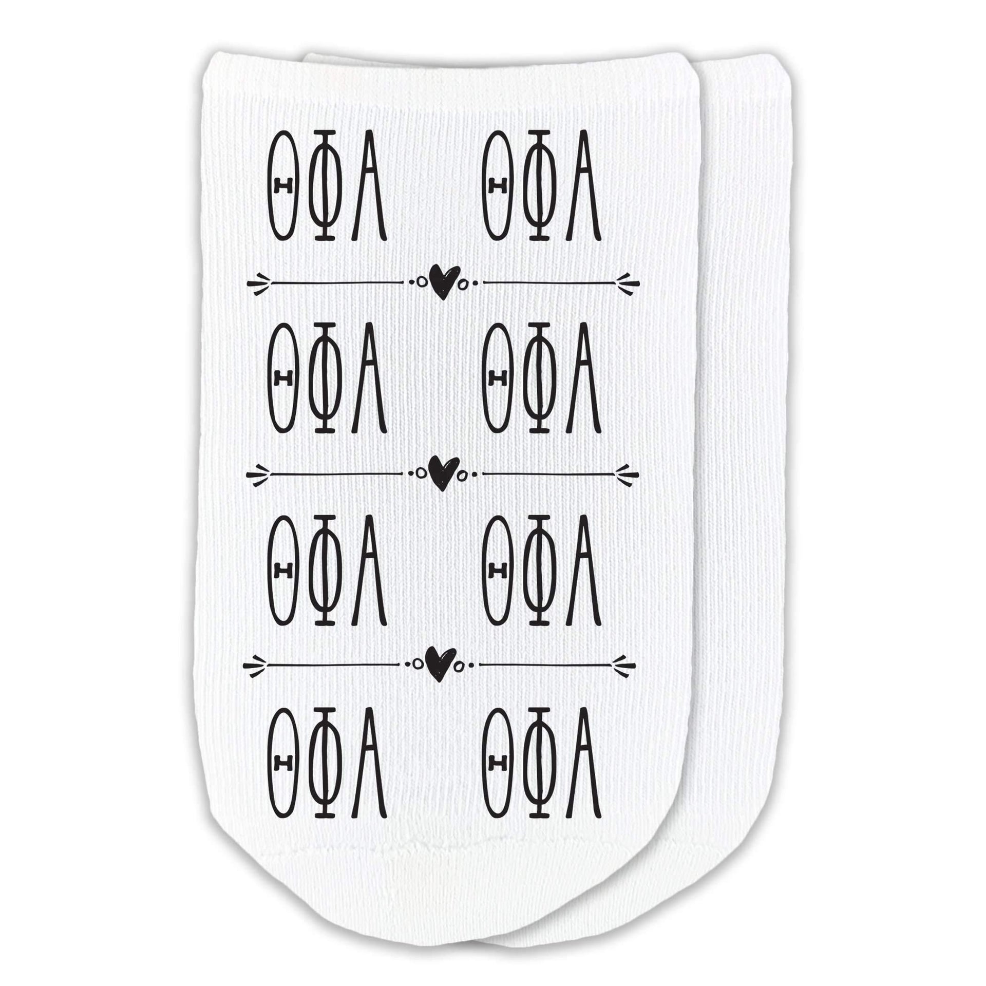 Theta Phi Alpha sorority letters custom printed on white cotton no show socks