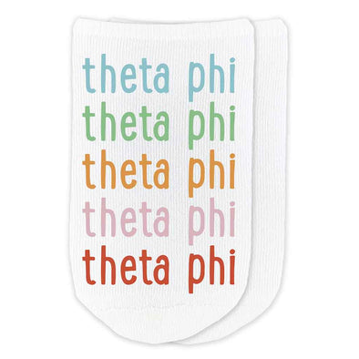 Theta Phi Alpha sorority repeating rainbow letter design custom printed on cotton no show socks