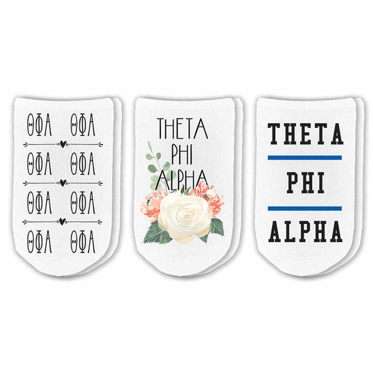 Theta Phi footie socks with sorority name, Greek letters and sorority floral design sold as a 3 pair gift set