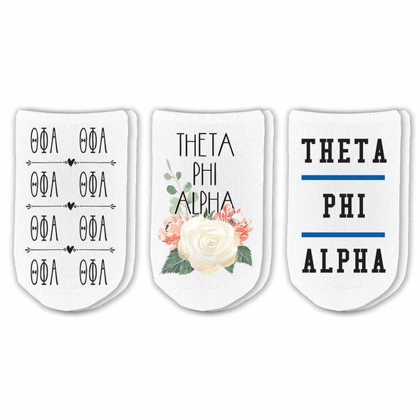Theta Phi footie socks with sorority name, Greek letters and sorority floral design sold as a 3 pair gift set