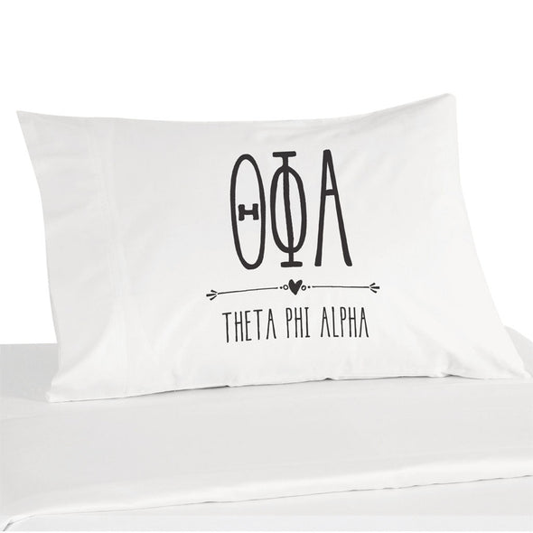 Theta Phi Alpha sorority name and letters custom printed on white cotton pillowcase