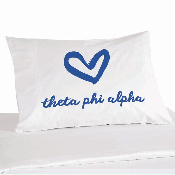 Theta Phi Alpha sorority name with heart design custom printed on pillowcase