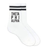 Theta Phi Alpha sorority name custom printed on black striped crew socks