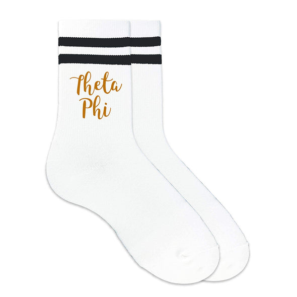 Theta Phi sorority name custom printed on striped crew socks