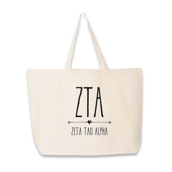 Zeta Tau Alpha sorority tote bag with Zeta letters and name printed on the cotton canvas bag