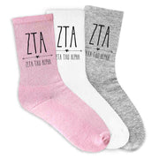 Zeta Tau Alpha sorority name and letters digitally printed on crew socks.