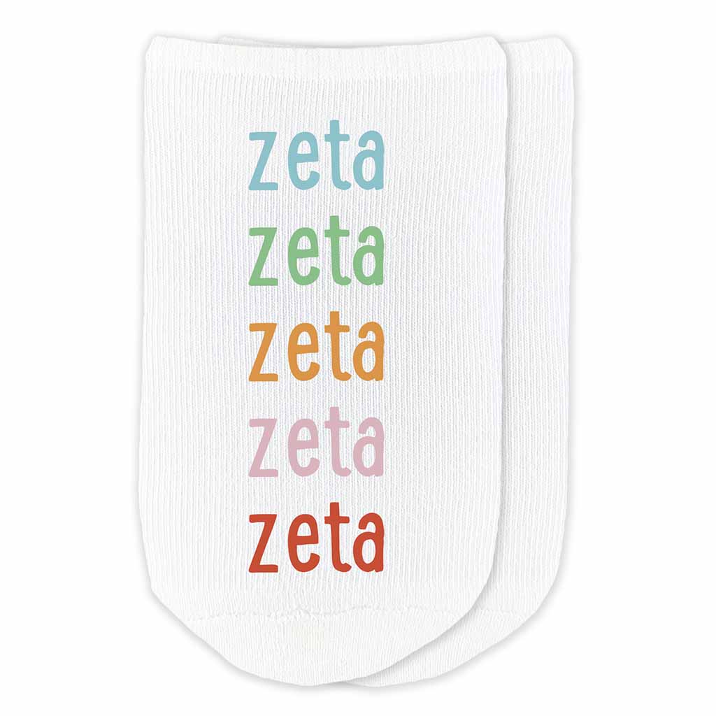 Zeta Tau Alpha sorority repeating rainbow letter design custom printed on cotton no show socks