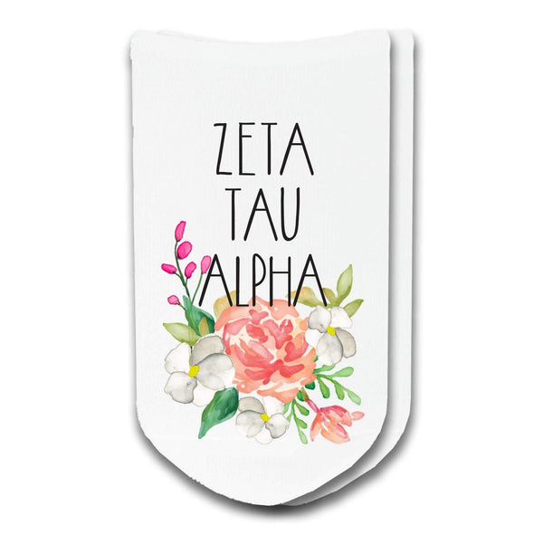 Zeta Tau Alpha sorority name watercolor floral design custom printed on cotton no show socks