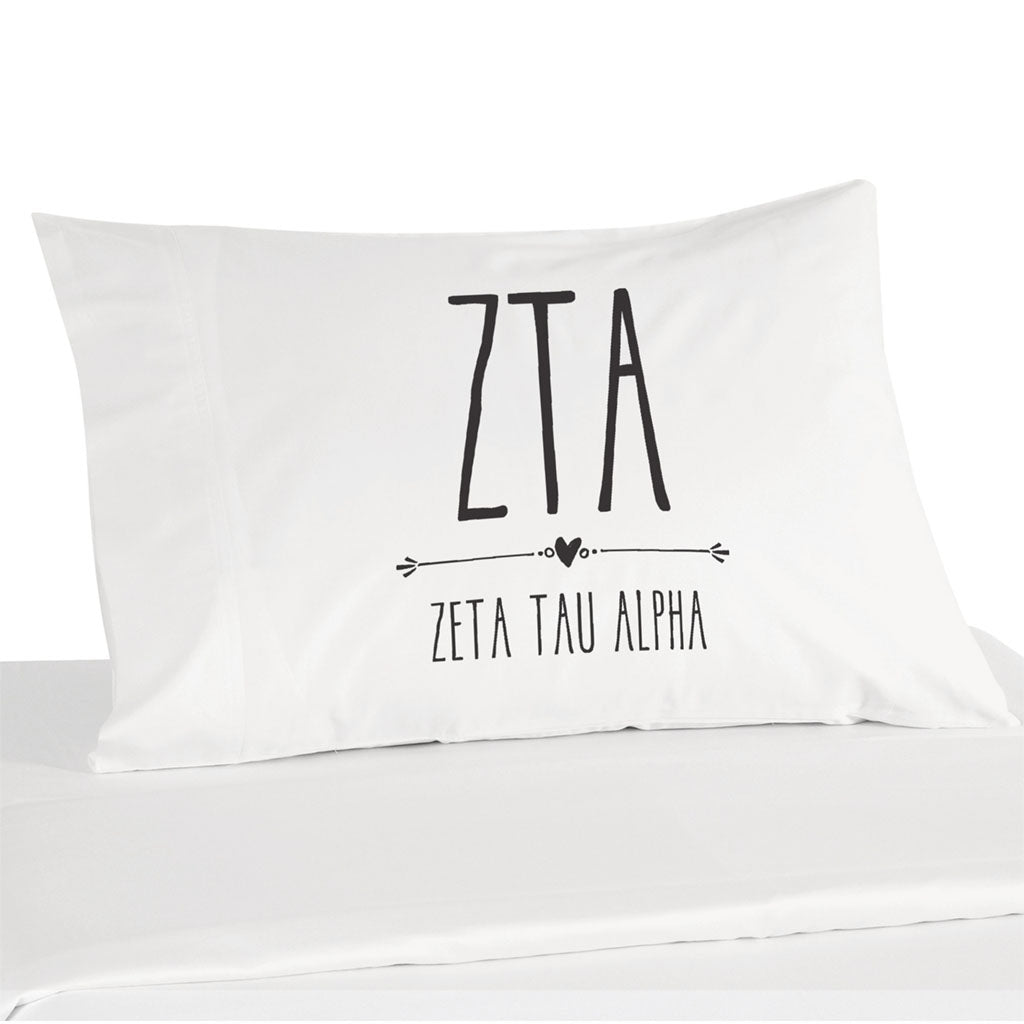 Zeta Tau Alpha sorority name and letters custom printed on white cotton pillowcase