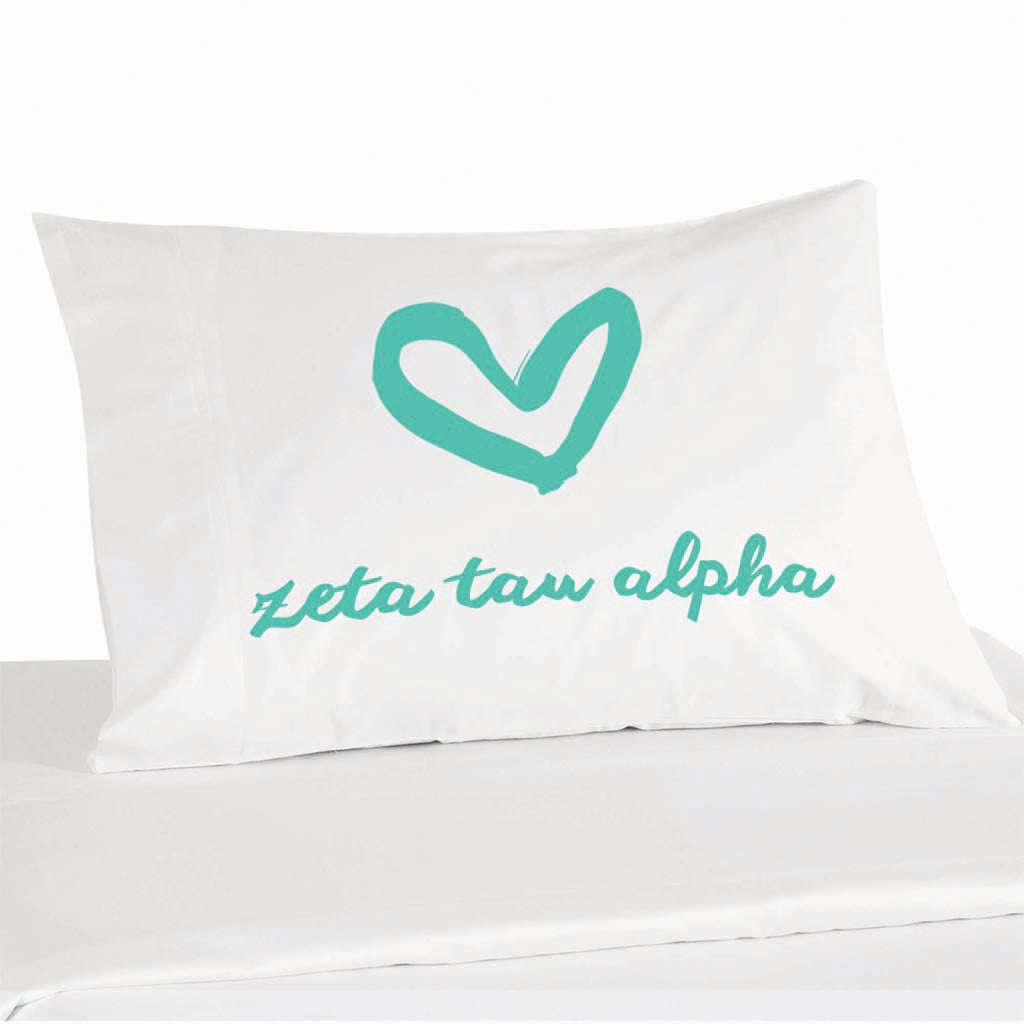 Zeta Tau Alpha sorority name and heart design custom printed on pillowcase