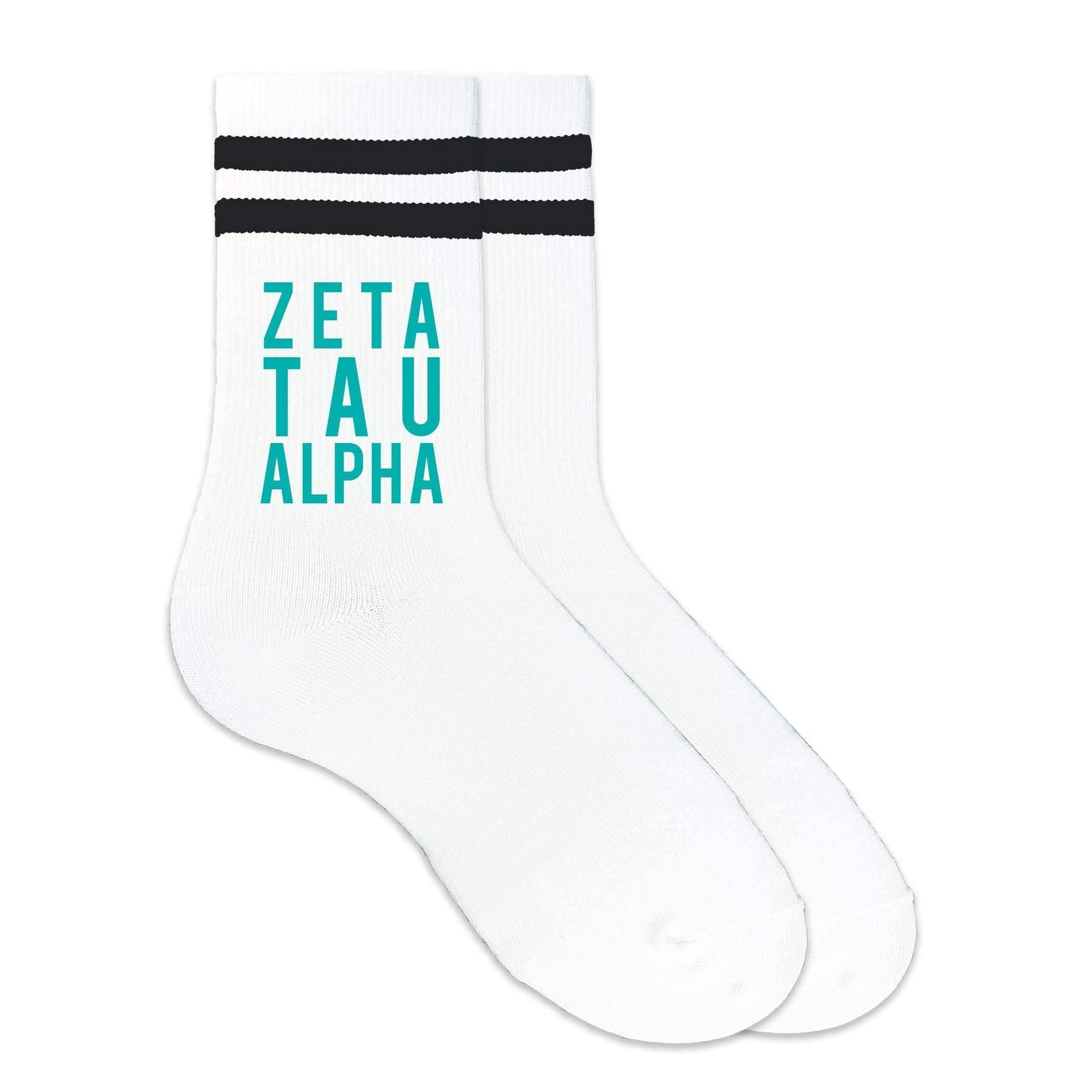 Zeta Tau Alpha sorority name custom printed on black striped crew socks